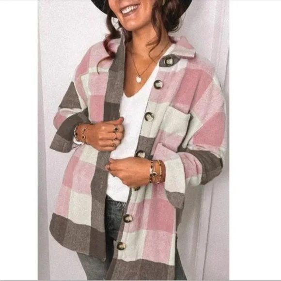 Jackets & Blazers - Pink Plaid Flannel Top Shacket NWT Ret $74-